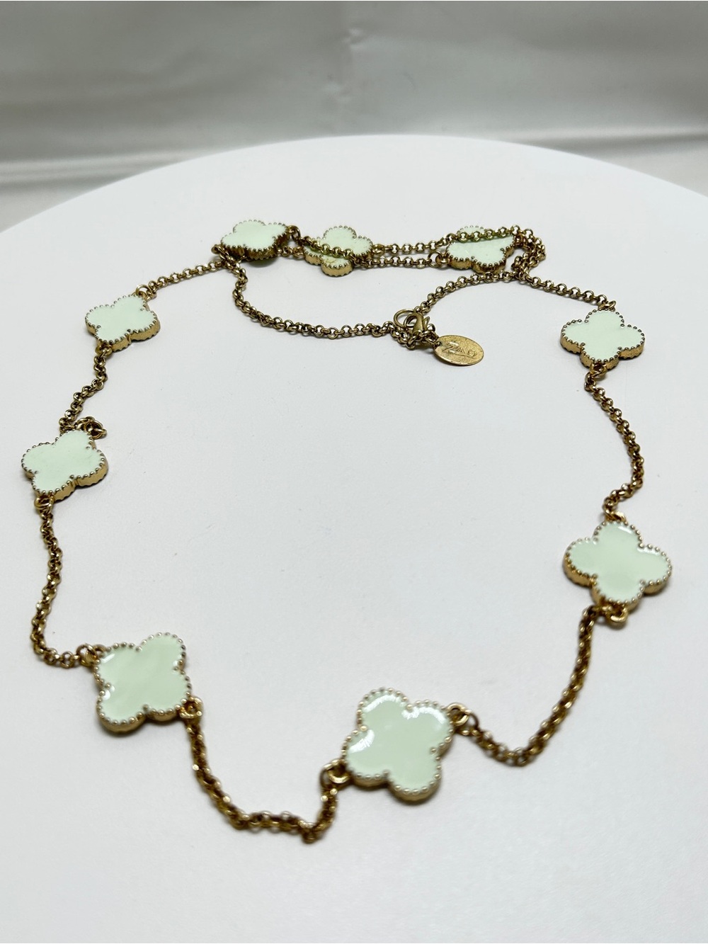 ZAD Gold And White Enamel Clover Long Necklace